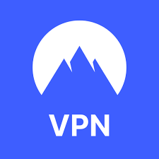Logo for NordVPN with brigh blue background and blue mountain in front of white moon.