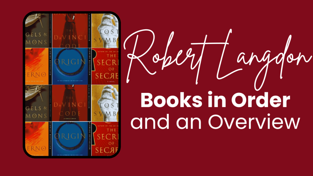 A promotional graphic featuring six Robert Langdon book covers arranged in a grid, with text on the right reading “Robert Langdon Books in Order and an Overview” on a maroon background.