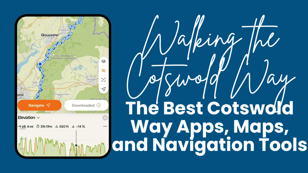 Screenshot of a navigation app showing the Cotswold Way route on a map with an elevation profile beneath it. Cover graphic with the text "Walking the Cotswold Way. The Best Cotswold Way Apps, Maps, and Navigation Tools."